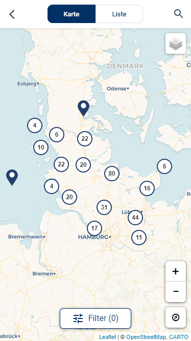 Screenshot der Karte von Schleswig-Holstein in der Kulturfinder.sh App. Eingezeichnete Punkte für Kulturinstitutionen.
