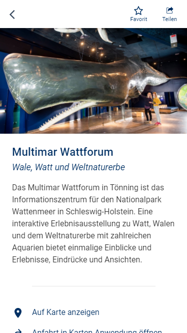 Screenshot aus der Kulturfinder.sh App vo Multimar Wattforum. Bild eines Pottwasl und Beschreibung der Kulturinstitution.