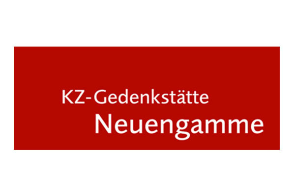 Logo der KZ-Gedenkstätte Neuengamme mit rotem Hintergrund und weißer Schrift. Link zur Website.