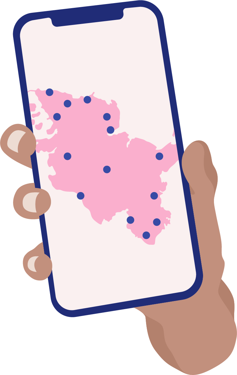 Grafik eines Smartphones in einer Hand. Es zeigt die Fläche Schleswig-Holsteins mit blauen Markierungen.