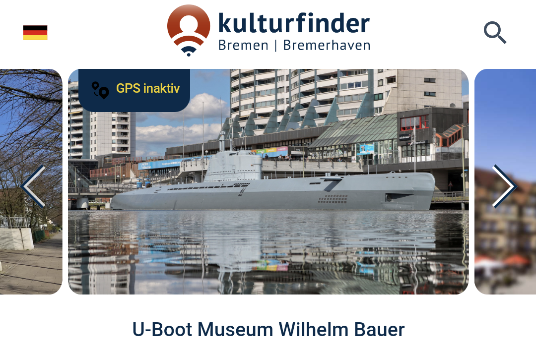 kulturfinder bremen und bremerhaven anzeige im browser darunter ein Bilde des U-Boot Museums Willhelm Bauer