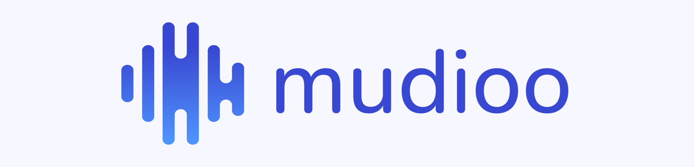 Logo mudioo App, Weißer Hintergrund und blaue Schrift in Kleinbuchstaben.
